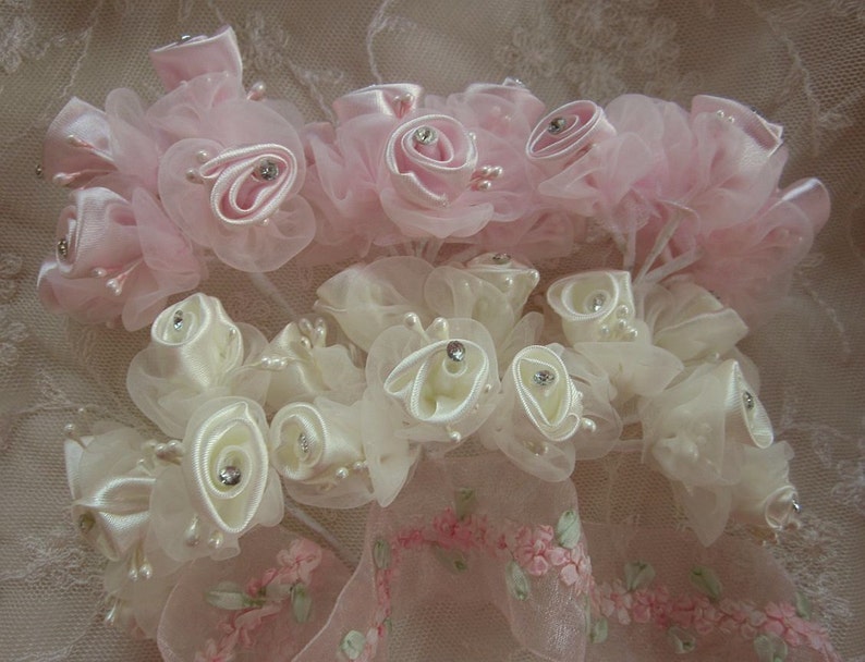 36 pc IVORY PINK Wired Satin Organza Rose Rhinestone Beaded Flower Applique Bridal Wedding Bouquet