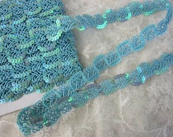 2 YDS Blue Sequin Braided Woven Soutache Cord Ribbon Trim Christmas Holiday Bridal Scrapbook Doll Quilt