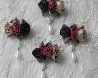 6 pc shabby chic boutique satin rosette rose flower applique green leaves pearl drop baby bow barrette reborn doll