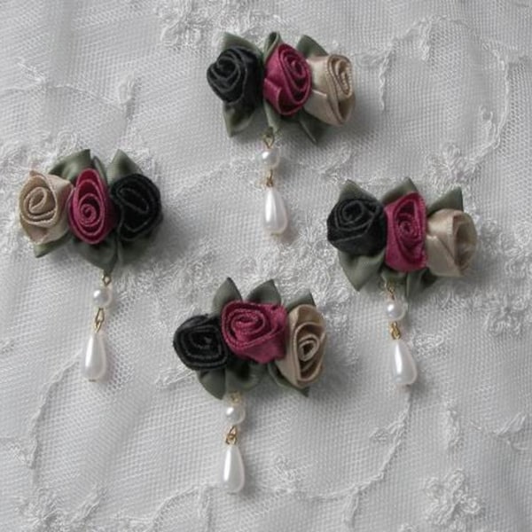 6 pc shabby chic boutique satin rosette rose flower applique green leaves pearl drop baby bow barrette reborn doll