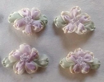 4 pc Lavender VINTAGE Beaded Flower Applique Embroidered Ribbon Antique French Baby Doll Bow Slow Stitching Junk Journal Quilt Embellishment