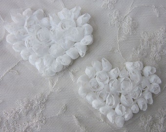 2 pc White Floral Heart Applique Handmade Ribbon Rose Bud Flower Valentine Day Scrapbook Bridal