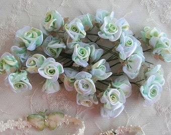 36 pc Lime Green White Wired Satin Organza Rose Flower Applique Bridal Wedding Bouquet #1