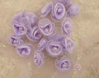 18 pc Pearl Beaded Lavender Wired Satin Organza Rose Flower Applique Bridal Wedding Bridal Bouquet Baby Pageant