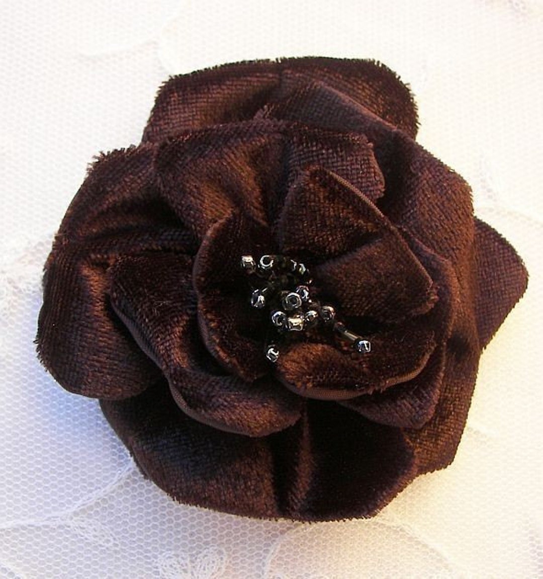 BROWN Velvet Ribbon Rose Fabric Flower Floral Applique Beaded Garden ...