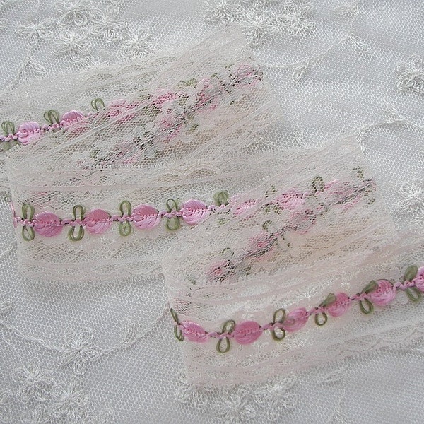 ORIGINAL DESIGN Vintage Lk 1.5 inch Pink Rose Bud Embroidered Lace Ribbon Trim Antique Doll Clothing Couture