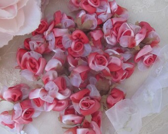 36 pc PINK RED Wired Satin Organza Rose Flower Applique Bridal Wedding Bouquet