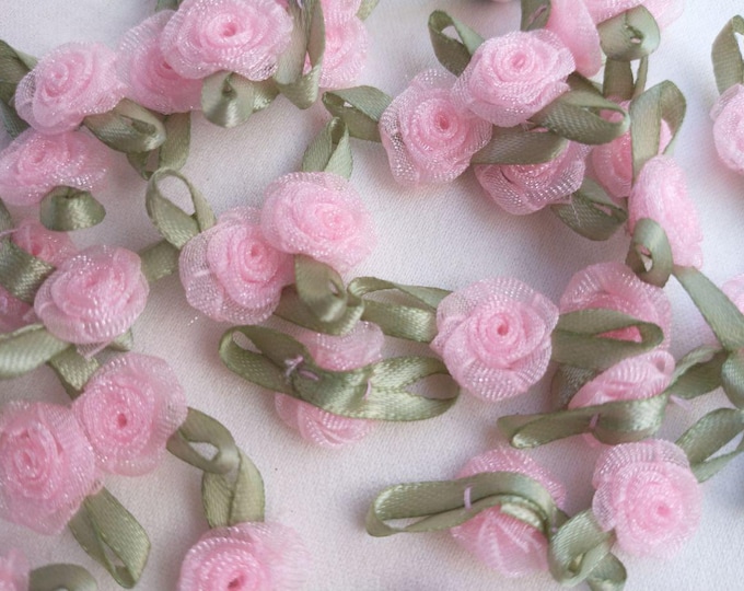 36 Pc Pink Organza Ribbon Fabric Rose Flower Applique Handmade Baby ...