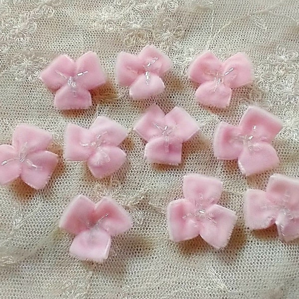 10 pc PINK Velvet Ribbon Fabric BOW Glass Bugle Beaded Applique Doll Baby Bow Bridal Pageant Hair Accessory Hand Dyed Fairy Embellishment