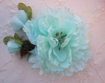 MINT GREEN Organza Peony Rose Flower w Rose Bud Bridal Hair Accessory