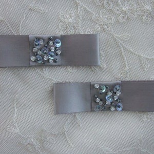2pc Silver Gray Satin Fabric Ribbon Bow Applique Beaded w Sequins Glass Bead Baby Doll Bridal Corsage
