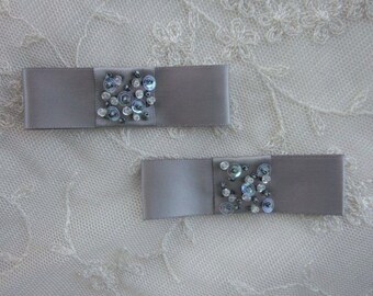 2pc Silver Gray Satin Fabric Ribbon Bow Applique Beaded w Sequins Glass Bead Baby Doll Bridal Corsage