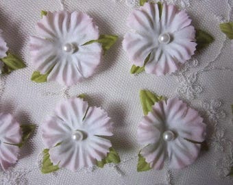 6 pc Pink White Daisy Flower Applique Pearl Bead Baby Doll Bow Bridal Hair Accessory Slow Stitching Junk Journal Scrapbook Embellishment