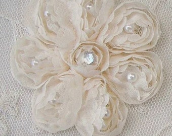 2 pc IVORY Flower Applique Ribbon Rose Baby Bridal Floral Sewing Pearl Beaded Stone Junk Journal Embellishment