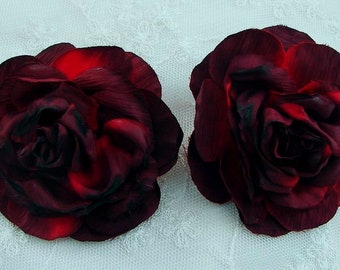 2 pc Brick Red Black Cabbage Rose Flower Applique Crinkle Victorian Bridal Bouquet Hat Corsage