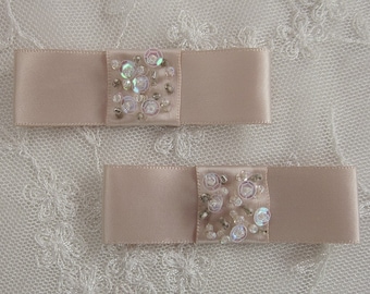 2pc Antique Tan Satin Fabric Ribbon Bow Applique Beaded w Sequins Glass Bead Baby Doll Bridal Corsage