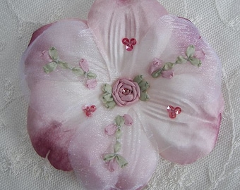 Dusty Rose Pink Beaded Fabric Ribbon Flower Applique w Sequins Embroidered w Rose Buds Satin Organza Baby Bow