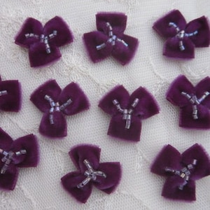 10 pc Eggplant Purple Plum Velvet Ribbon Fabric BOW Glass Bugle Beaded Applique Doll Baby Bow Bridal Pageant Hair Accessory