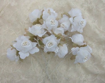 18 pc WHITE wired Satin Organza IVORY CREAM Pearl Rose Flower Applique Bridal Wedding Bouquet #2