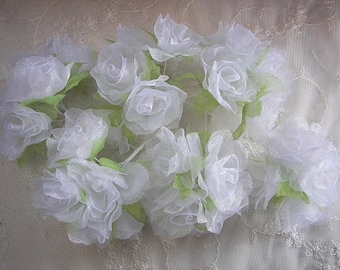 36 pc WHITE Rose Flower Organza Ribbon Wired Rosette Christening Bridal Bouquet Hair Bow Accessory