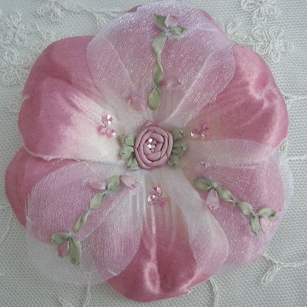 Handmade beaded w sequins silk ribbonHAND EMBROIDERED w rose buds Rose Pink Satin Organza Flower Corsage Baby Bow