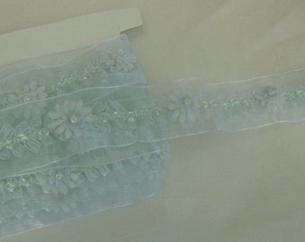 Aqua Blue Daisy Flower Ribbon Trim Embroidered Organza Fringe Pearl Beaded Scrapbook Bridal Christening Reborn Baby Doll Quilt