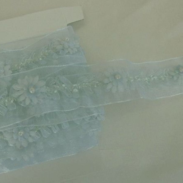 Aqua Blue Daisy Flower Ribbon Trim Embroidered Organza Fringe Pearl Beaded Scrapbook Bridal Christening Reborn Baby Doll Quilt