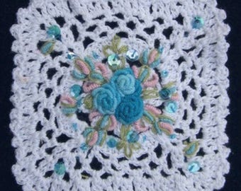 White Crocheted Embroidered TURQUOISE BLUE Bouillion Flower Floral Sequin Bead Applique Patch Scrapbooking Pillow Bridal Baby Quilt