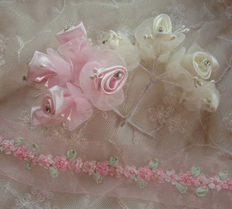 36 pc IVORY PINK Wired Satin Organza Rose Rhinestone Beaded Flower Applique Bridal Wedding Bouquet