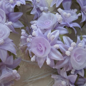 18 pc Rosette Rose Wired Flowers LAVENDER Organza Satin Ribbon w Pips Bridal Bouquet Hair Bow Accessory Embellishment