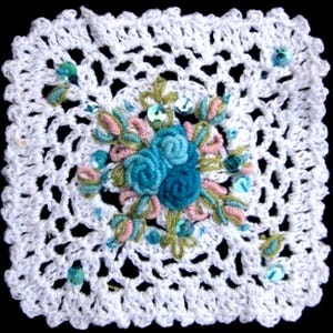 White Crocheted Embroidered TURQUOISE BLUE Bouillion Flower Floral Sequin Bead Applique Patch Scrapbooking Pillow Bridal Baby Quilt