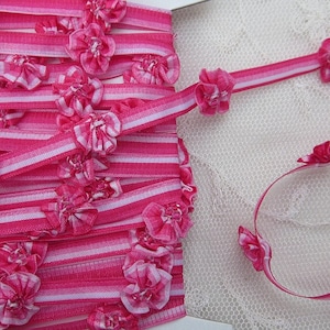 1YD + 25&quot; Vintage HOT Pink Glass Beaded Pansy Fabric Flower Ombre Ribbon Trim Candy Stripe Scrapbook Junk Journal Doll Quilt Embellishment