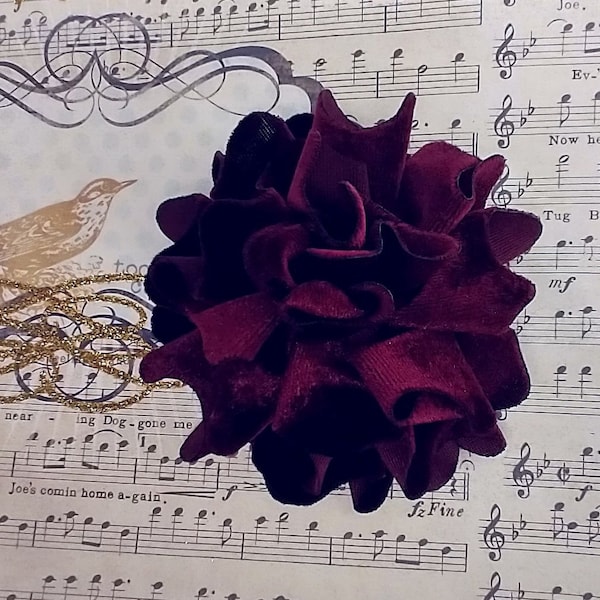 Burgundy Velvet Peony Rose Flower Ribbon Fabric Applique Christmas Hat Corsage Pin Pageant Bridal Hair Accessory Coat Lapel Embellishment