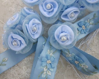 36 pc Pearl Beaded Blue Wired Satin Organza Rose Flower Applique Bridal Wedding Bridal Bouquet Baby Pageant