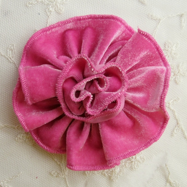 HOT PINK Velvet Ribbon Rose Fabric Flower Applique Hat Corsage Pin Baby Pageant Bridal Hair Accessory Applique