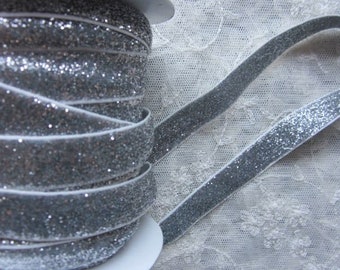 2 yd 5/8 Inch Silver Tinsel Glitter Stretch Elastic Ribbon Trim Scrapbook Journal Doll Quilt