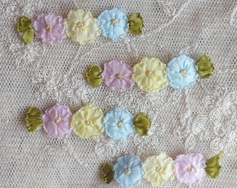 4 pc Pink Blue Yellow Silk Ribbon Embroidered Flower VINTAGE Applique Antique Baby Doll Bow Junk Journal Scrapbook Quilt Embellishment #2