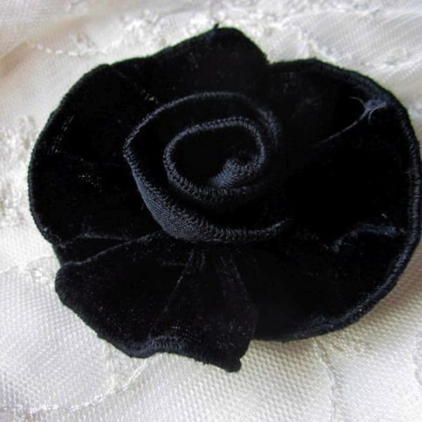 BLACK Velvet Ribbon Rose Fabric Flower Applique Goth Garden Hat Bow Corsage Pin Pageant Clothing Dress Bridal Hair Accessory Embellishment