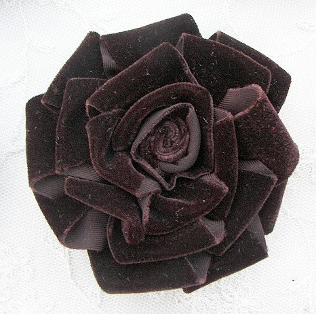 BROWN Velvet Ribbon Rose Fabric Flower Floral Applique Chic Garden Hat ...