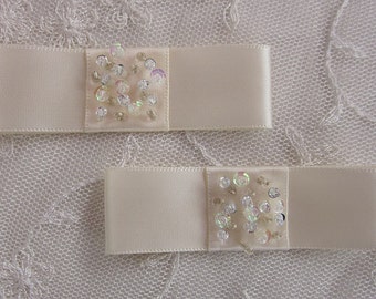 2pc Ivory Satin Fabric Ribbon Bow Applique Beaded w Sequins Glass Bead Baby Doll Bridal Corsage