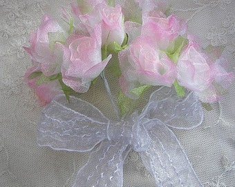 18 pc PINK Rose Flower Organza Ribbon Wired Rosette Christening Bridal Bouquet Hair Bow Accessory