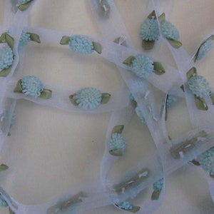 Blue Cornflower Organza VINTAGE Ribbon Flower Trim French Antique Baby Doll Christening Pageant Dress Sash Bow Sewing Quilt Embellishment