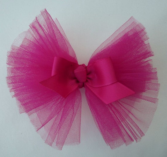5.5 Inch Azalea FUCHSIA Grosgrain TULLE Net Ribbon Bow Tie
