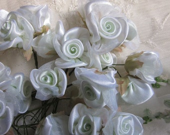 36 pc Mint Green White Wired Satin Organza Rose Flower Applique Bridal Wedding Bouquet Embellishment
