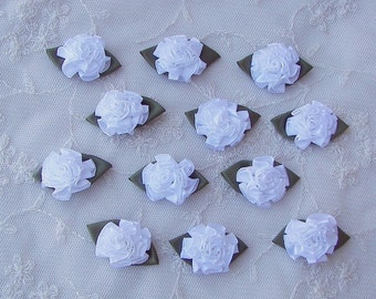 12 pc Fabric Flower Applique Bow Satin Ribbon White Carnation Cabbage Rose Christening Bridal