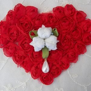 Flower Beaded Applique Handmade Valentine Red White Ribbon Rose Bud Floral Pearl Drop Heart Yoke