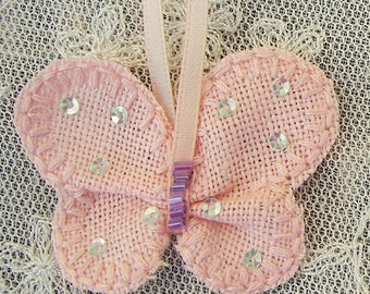 Sale 2 pc Beaded w Sequins Fabric Applique Embroidered Baby PEACH Linen Butterfly Baby bonnet Doll Corsage Bow