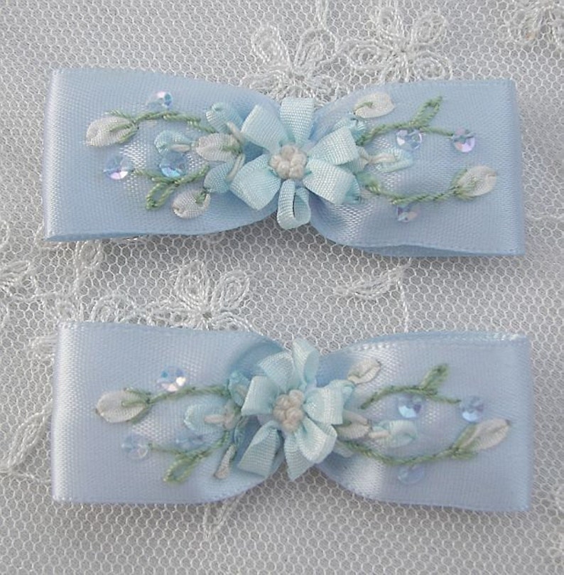 2pc Beaded Satin Fabric Flower Bow Applique w Sequins Blue Ribbon Embroidered w Rose Bud Baby Doll Corsage