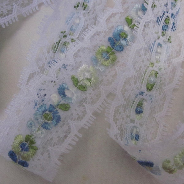 Blue Green WHITE LACE Ribbon Trim Rose Bud Flower Embroidered Scrapbook Journal Baby Doll Bow Pageant Dress Clothing Quilt