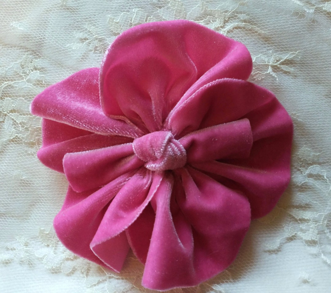 PINK Velvet Ribbon Rose Fabric Flower Floral Applique Garden Hat Bow ...
